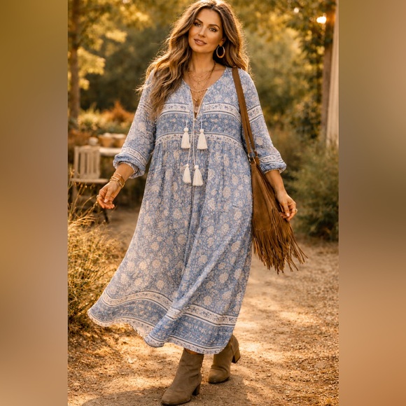 R. Vivimos Dresses & Skirts - Blue Floral Maxi Dress XXL Cottagecore Tassel Tie Peasant Dress Flowy Romantic